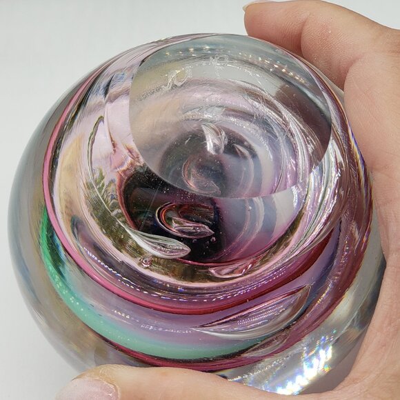 Marian Pyrcak Signed Pink Blue White Swirl 24% Crystal Glass Paperweight - Picture 7 of 8